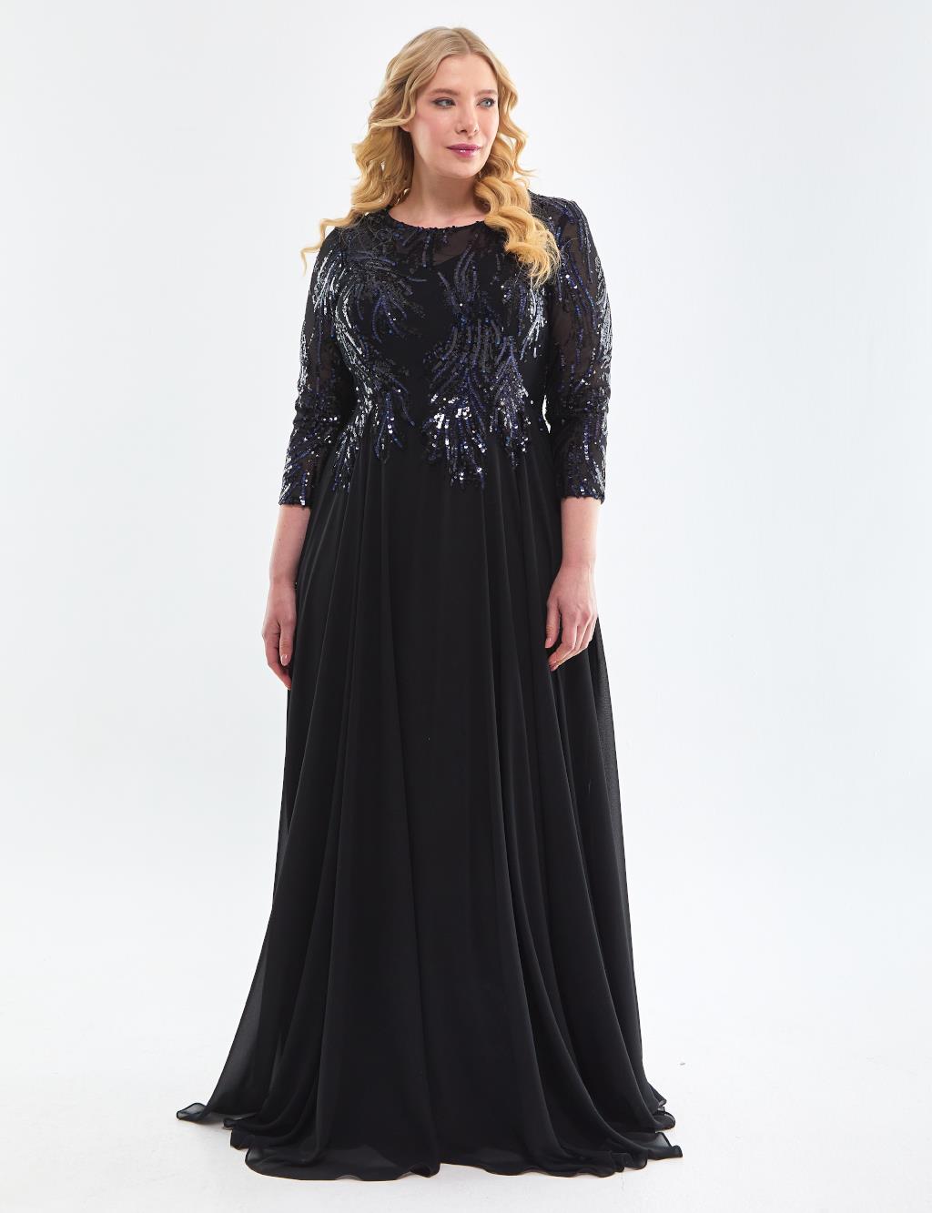 Sequined Flowy Evening Dress Black-Blue