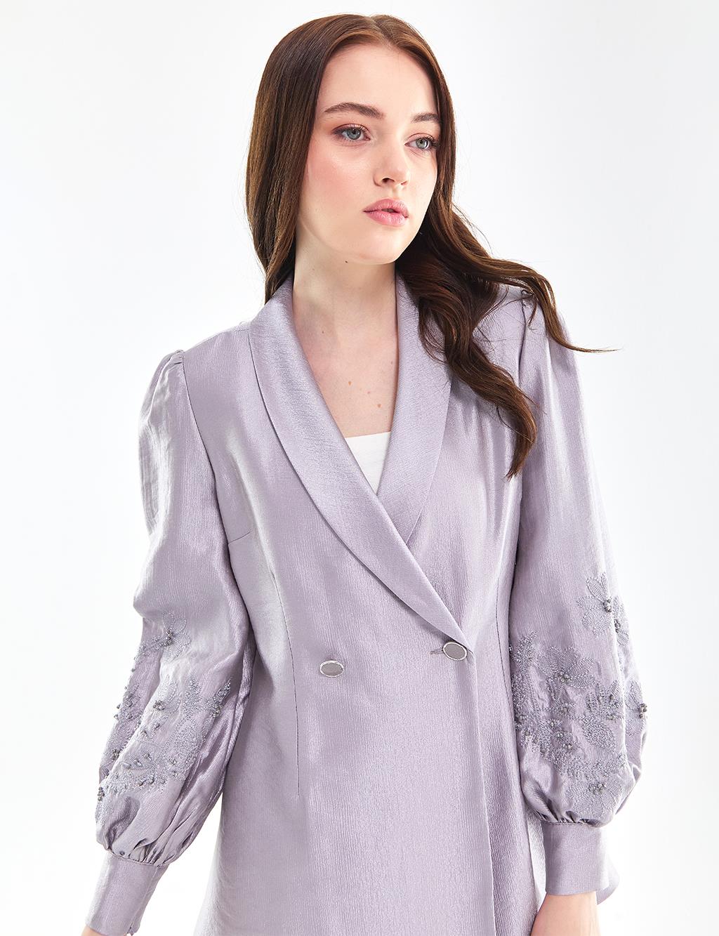 Embroidered Balloon Sleeve Jacket Trousers Set Lilac