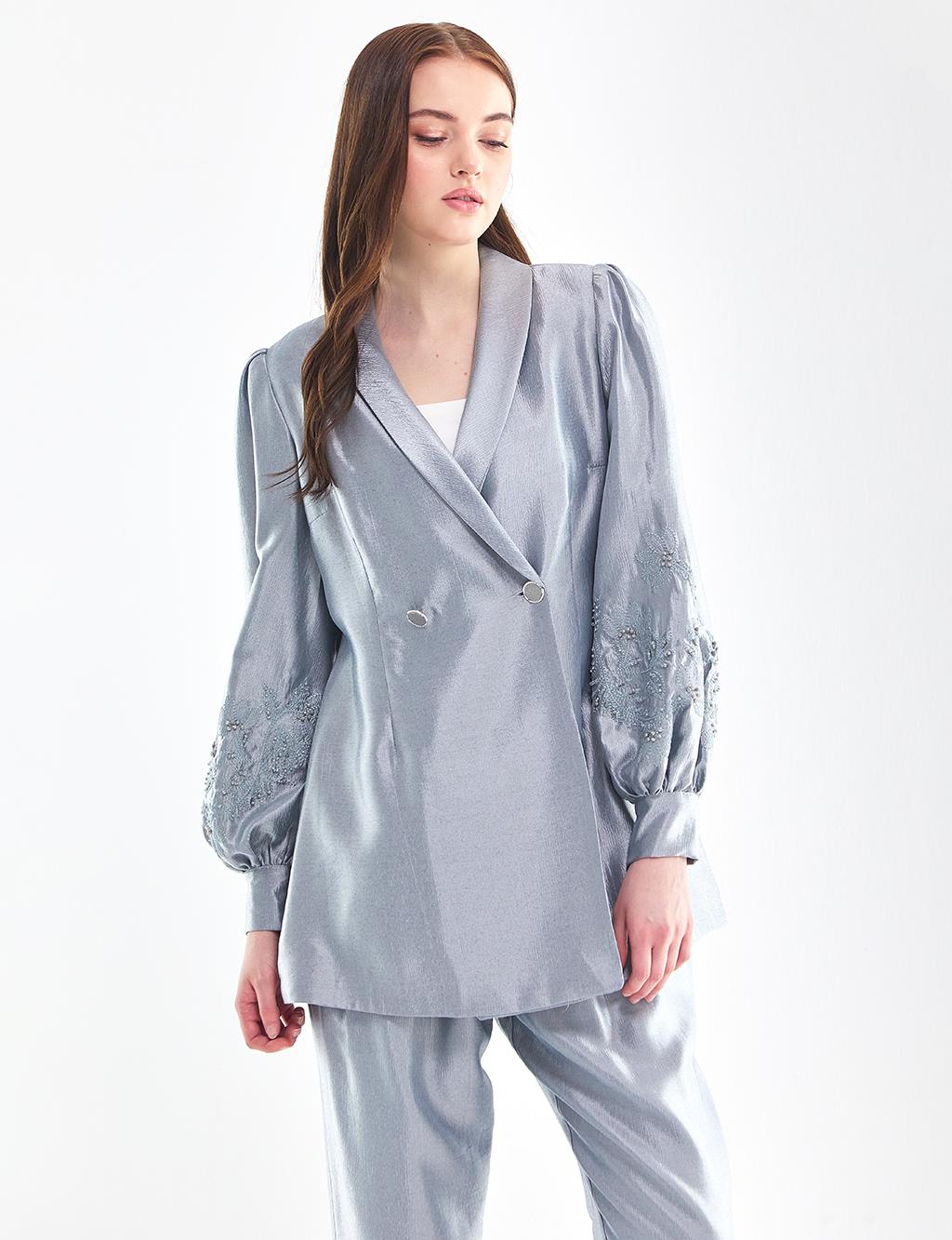 Embroidered Balloon Sleeve Jacket Pants Suit Anthracite