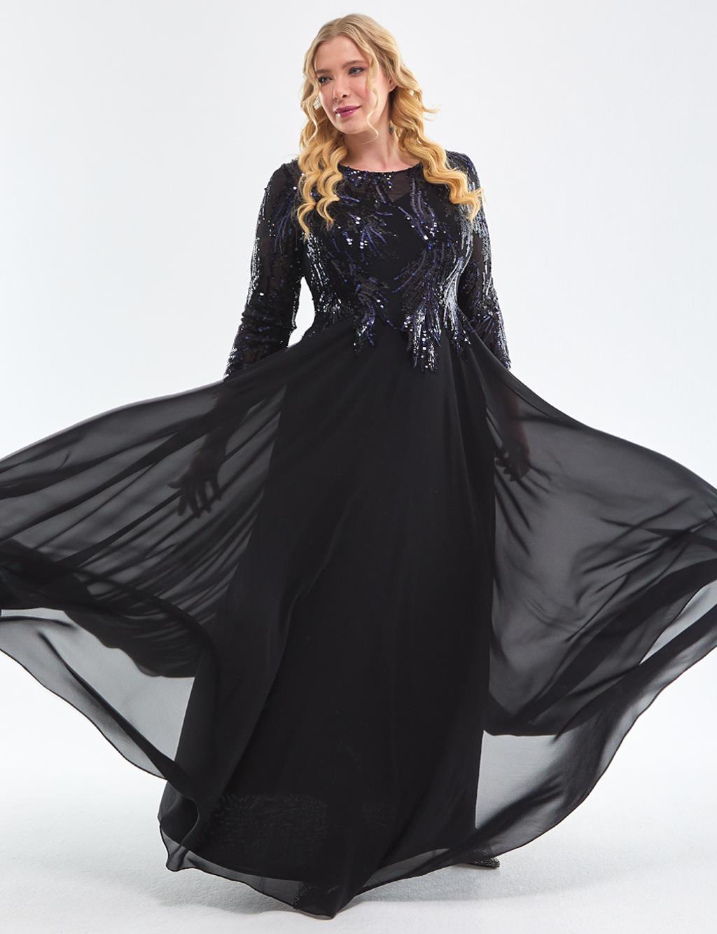 Sequined Flowy Evening Dress Black-Blue