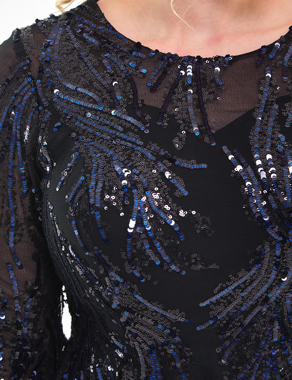 Sequined Flowy Evening Dress Black-Blue