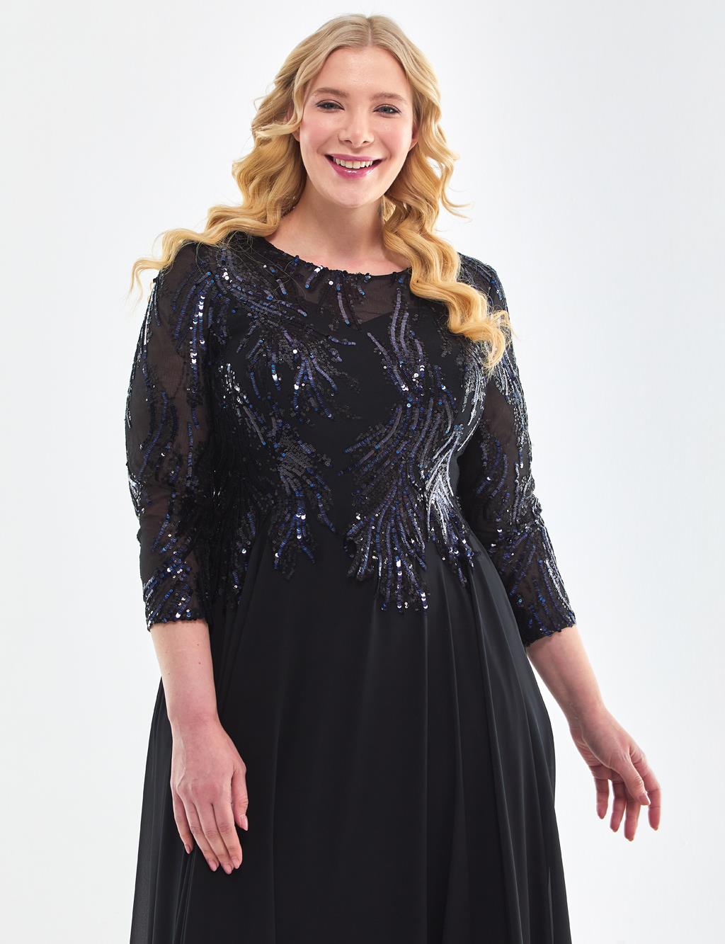 Sequined Flowy Evening Dress Black-Blue