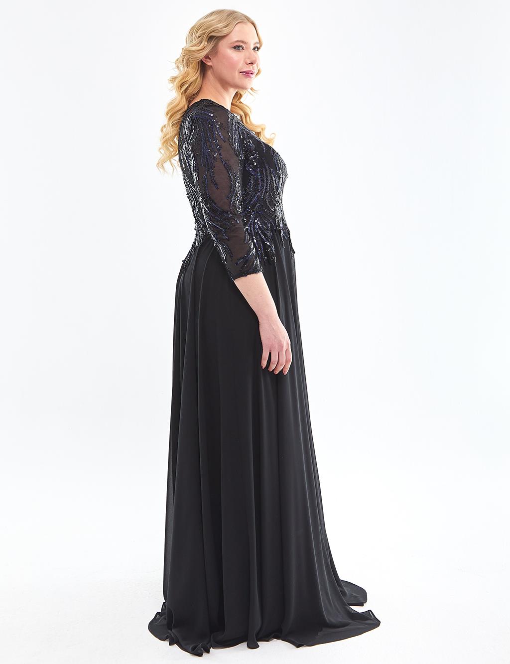 Sequined Flowy Evening Dress Black-Blue