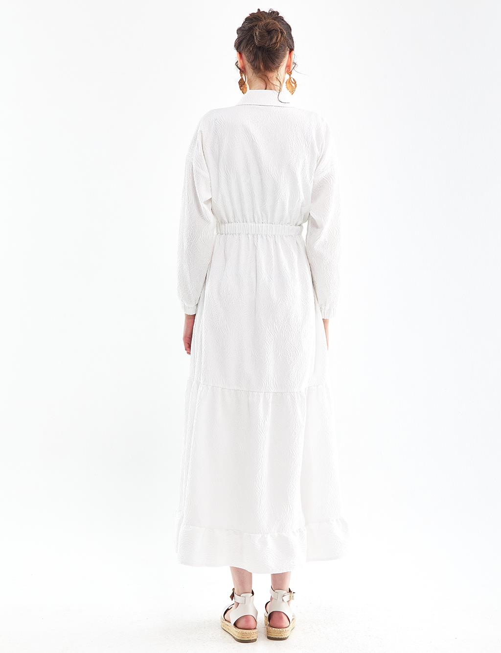 Katlı Rölyef Desen Elbise Beyaz