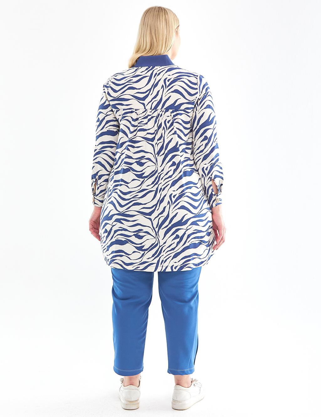Zebra Patterned College Collar Tunic Ecru-Blue