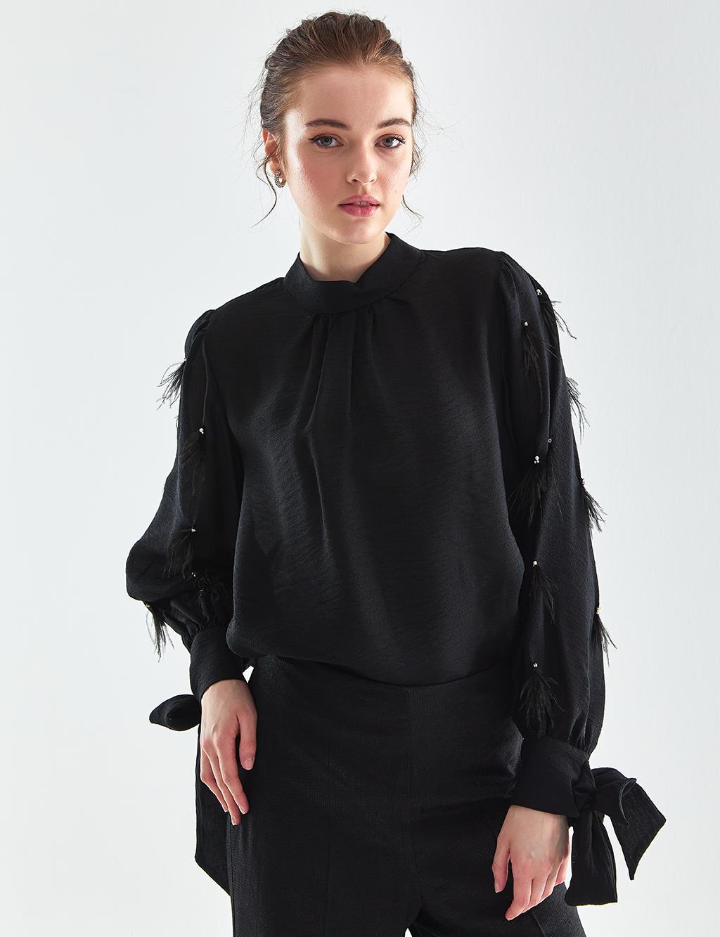 Pleated Balloon Sleeve Blouse Black