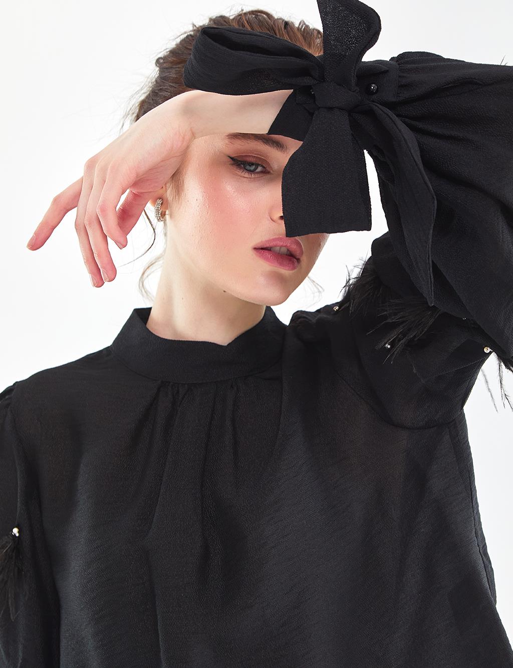 Pleated Balloon Sleeve Blouse Black