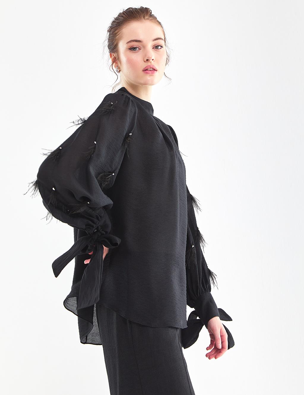 Pleated Balloon Sleeve Blouse Black