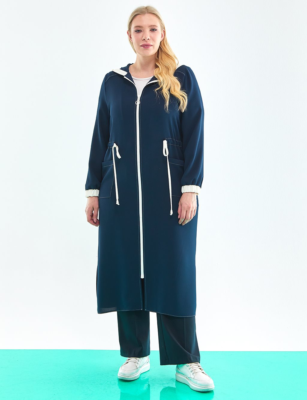 Punto Stitched Hooded Trench Coat Navy