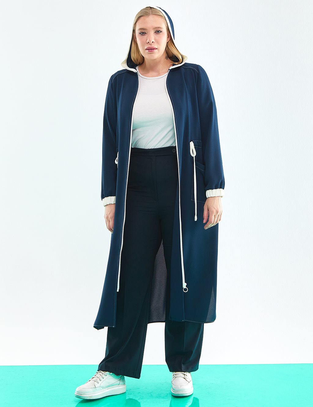 Punto Stitched Hooded Trench Coat Navy