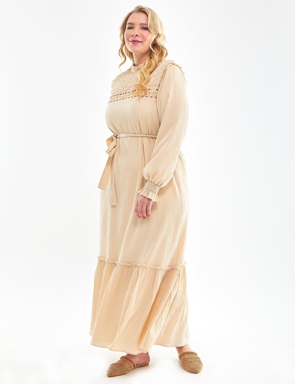 Çizgili Uzun Tunik Bej-Krem