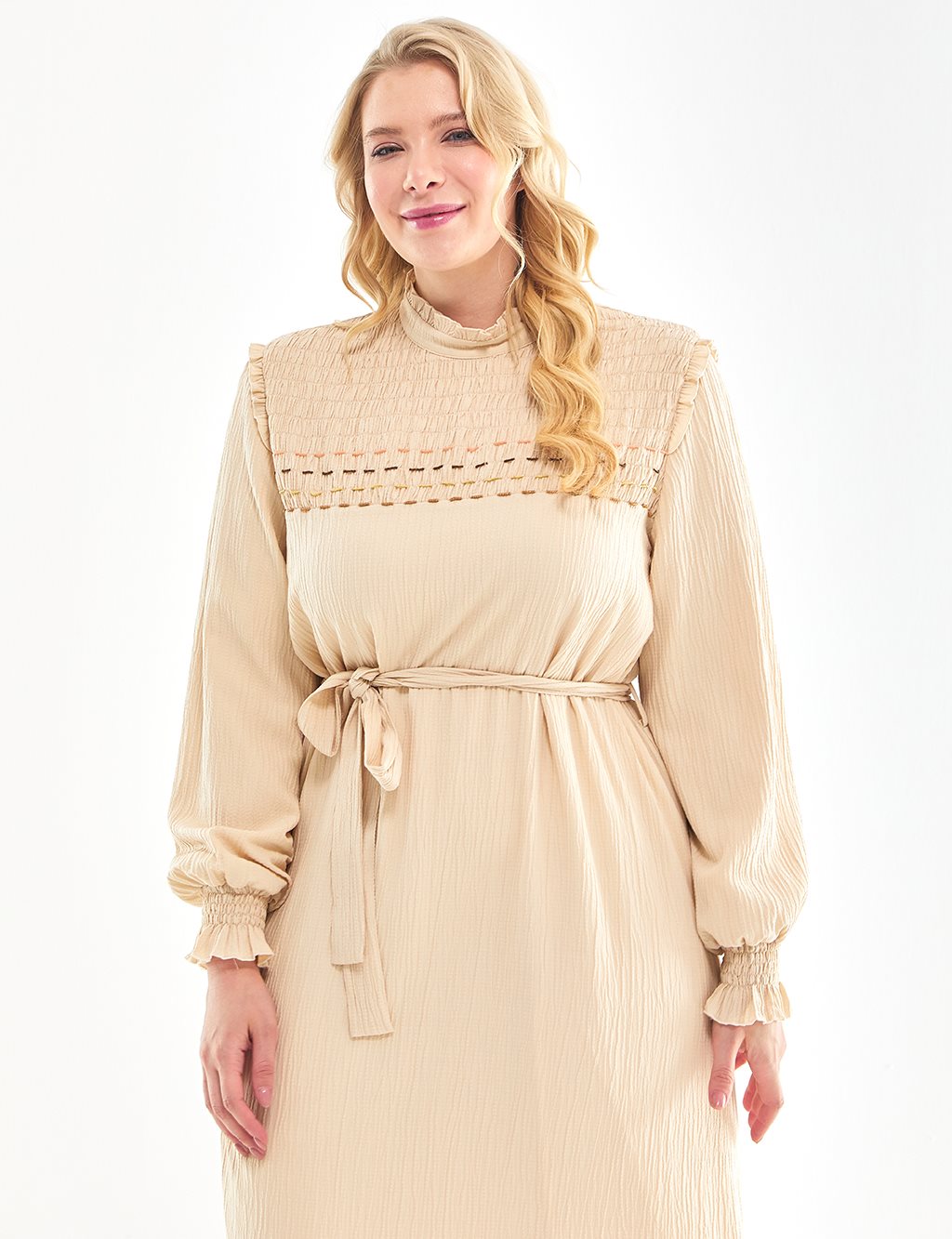 Çizgili Uzun Tunik Bej-Krem