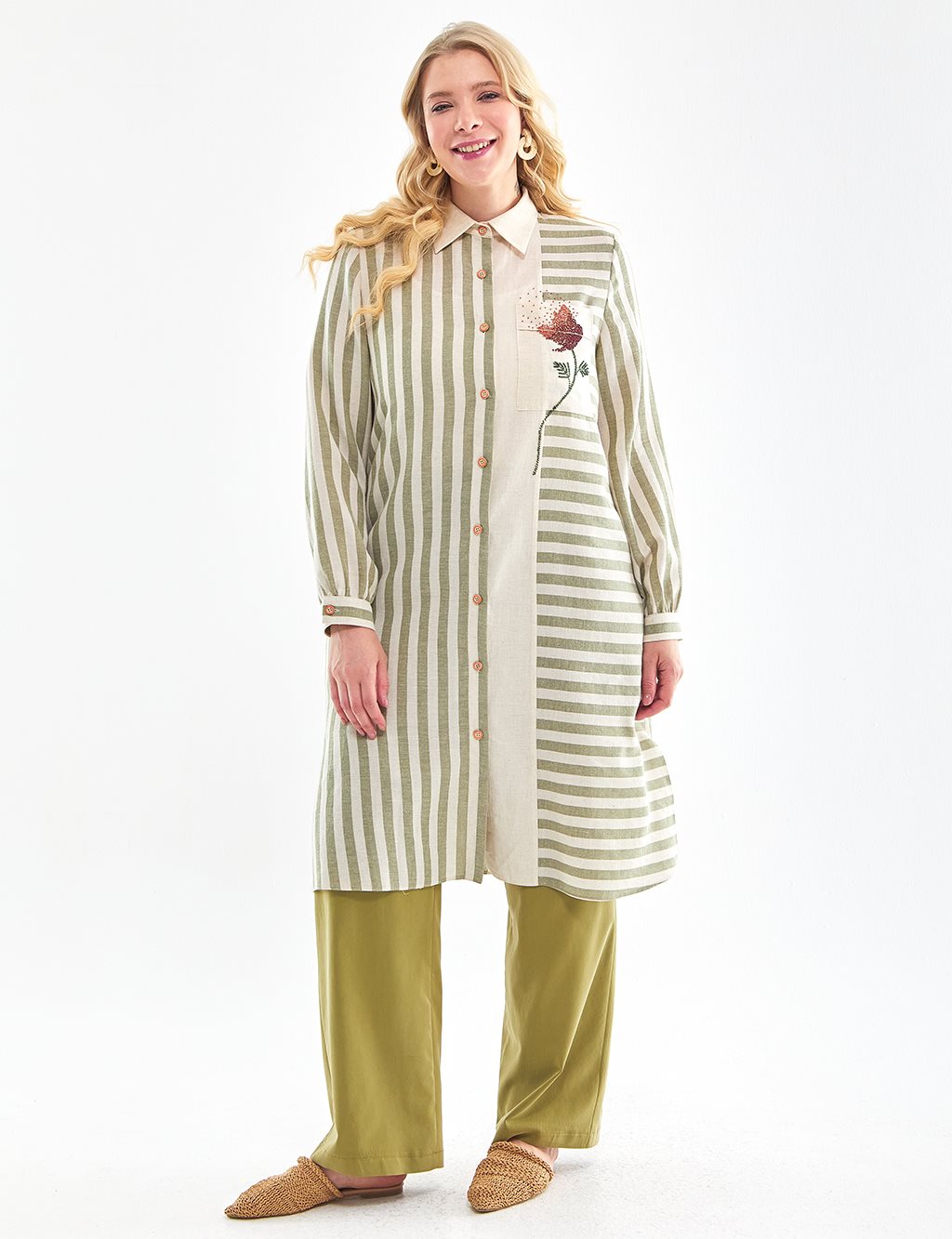 Leaf Pattern Striped Tunic Khaki