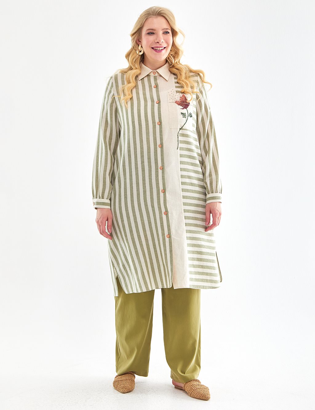 Leaf Pattern Striped Tunic Khaki