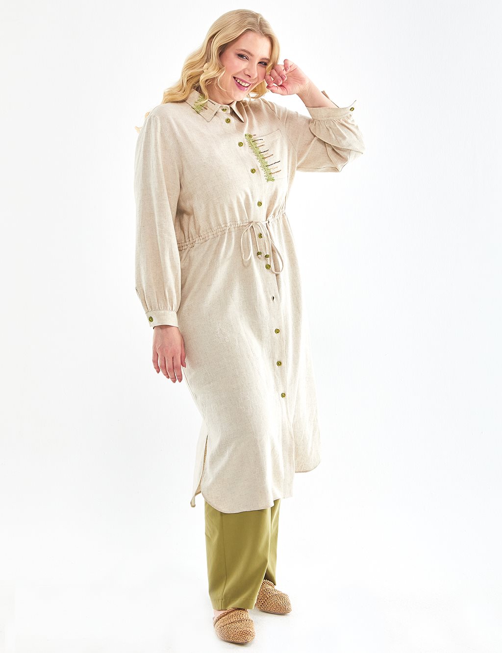 İşlemeli Cep Detaylı Elbise/Tunik Haki