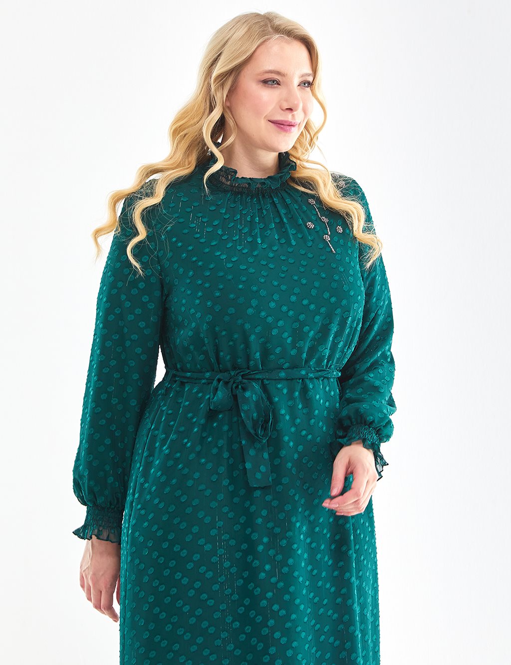 Polka Dot Ruffle Collar Dress Emerald
