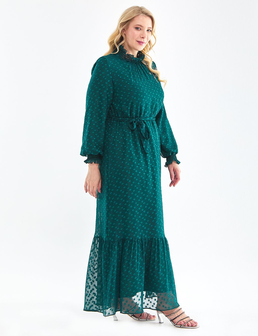 Polka Dot Ruffle Collar Dress Emerald