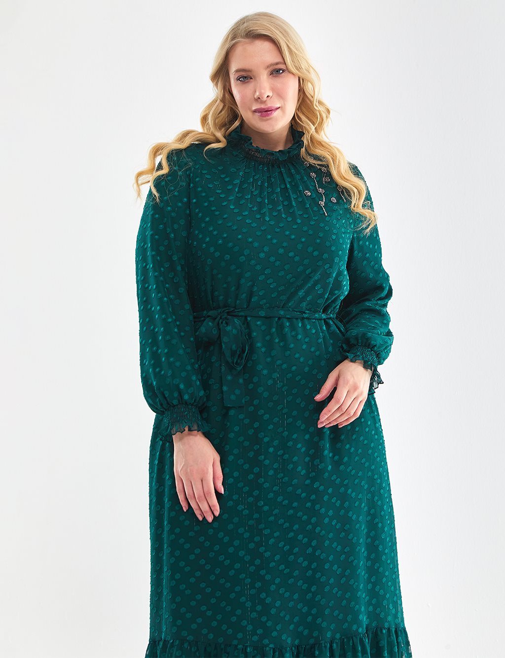 Polka Dot Ruffle Collar Dress Emerald