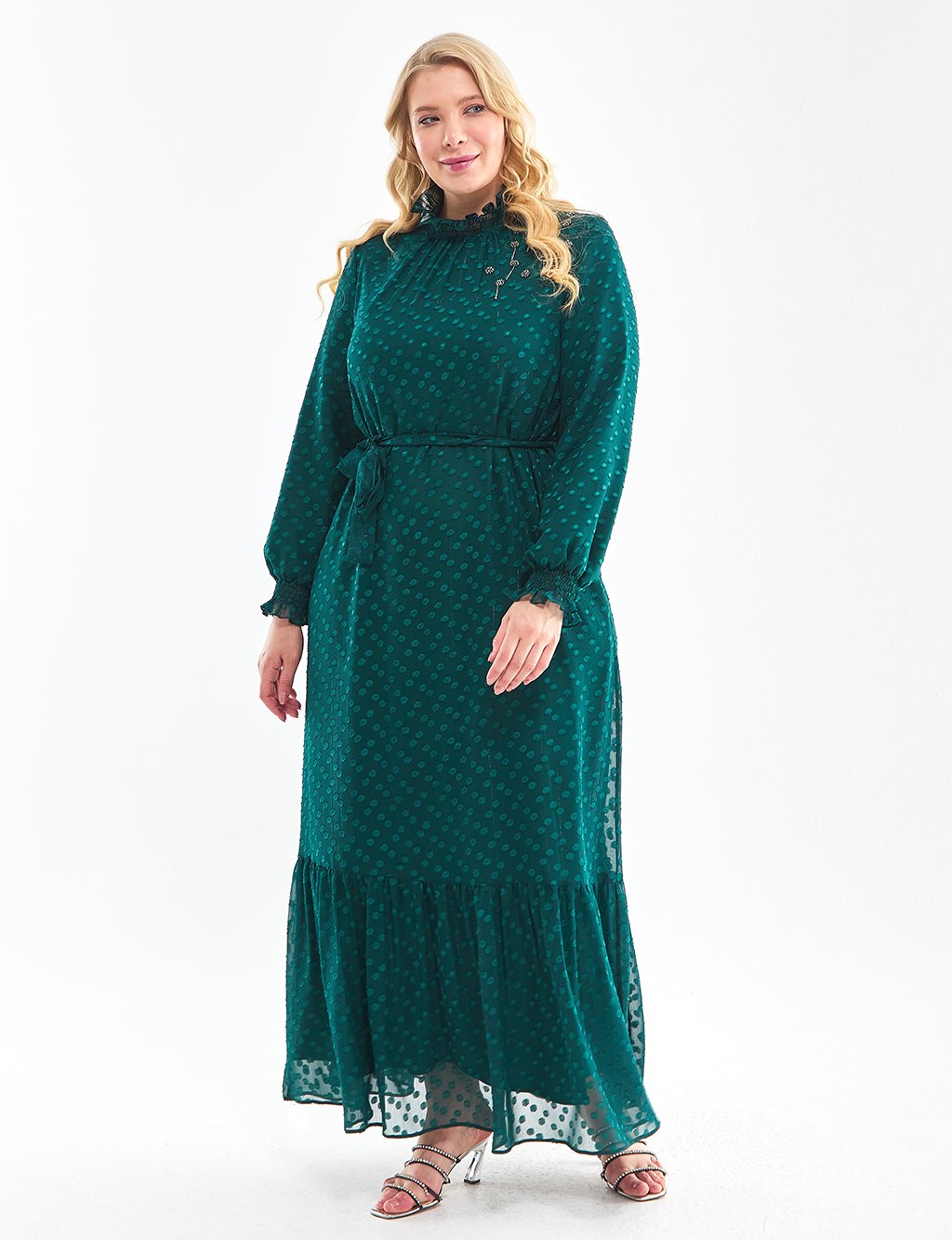 Polka Dot Ruffle Collar Dress Emerald