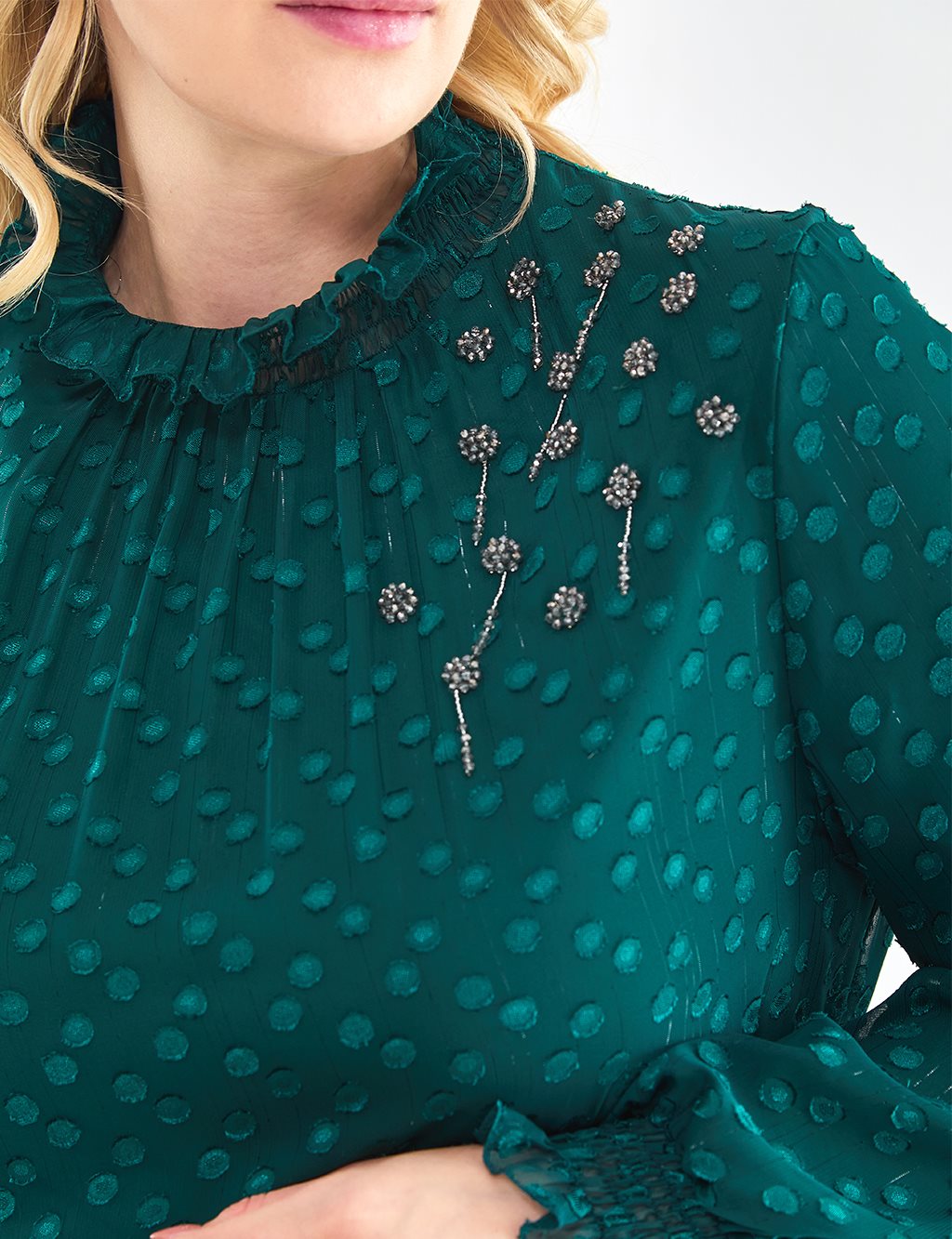 Polka Dot Ruffle Collar Dress Emerald