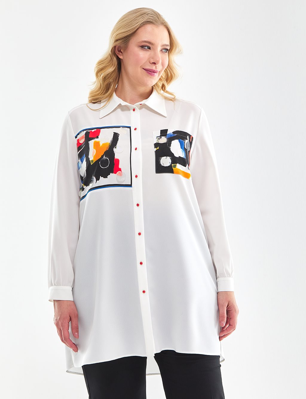 Sequin Abstract Pattern Printed Blouse Optical White