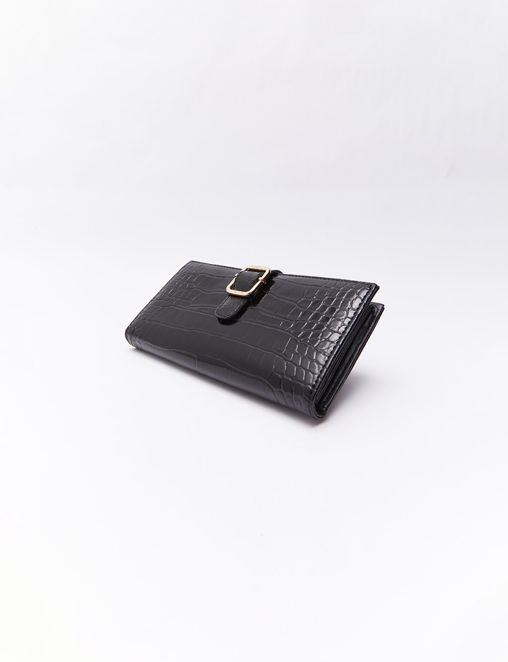 Croco Patterned Patent Leather Wallet Black