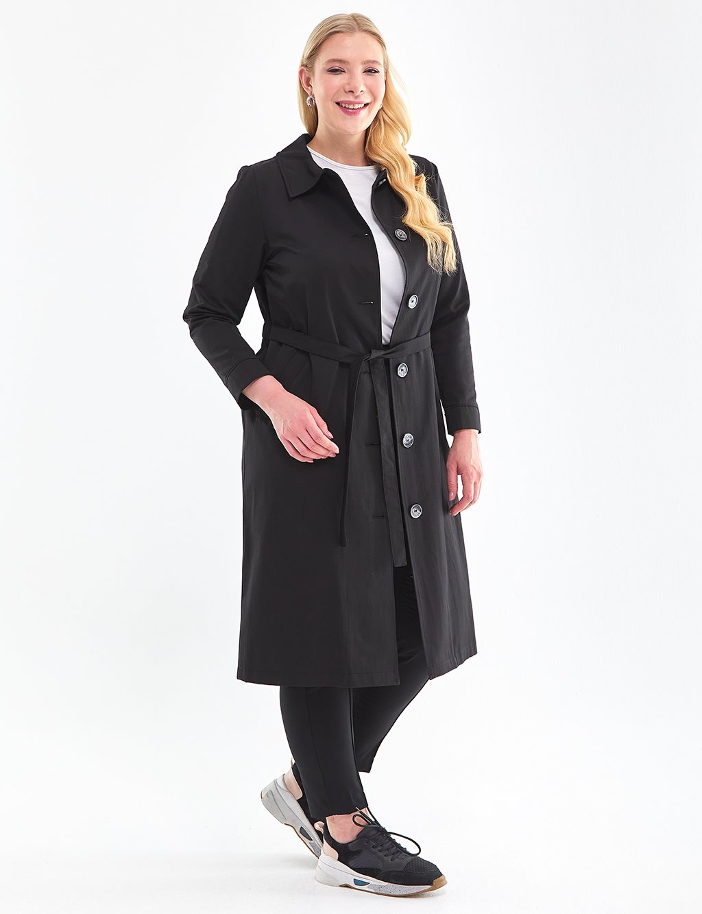 Belted Bone Button Trench Coat Black