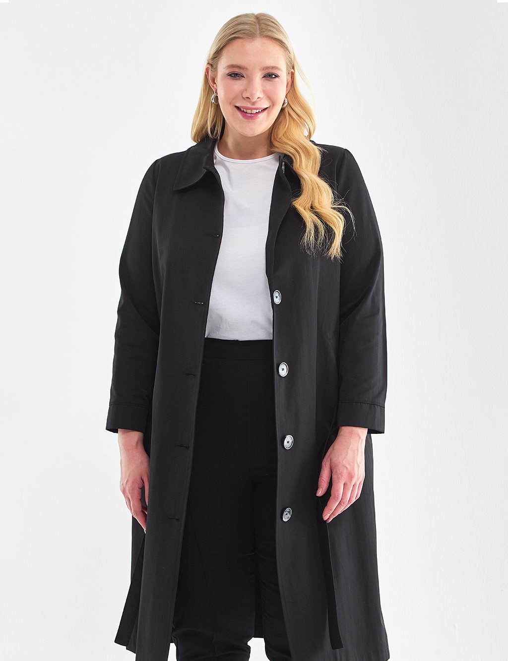 Belted Bone Button Trench Coat Black