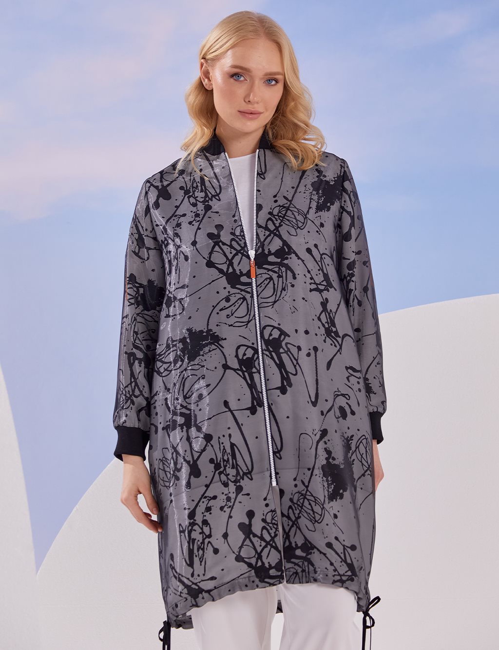 Abstract Patterned Sports Trench Coat Black and White