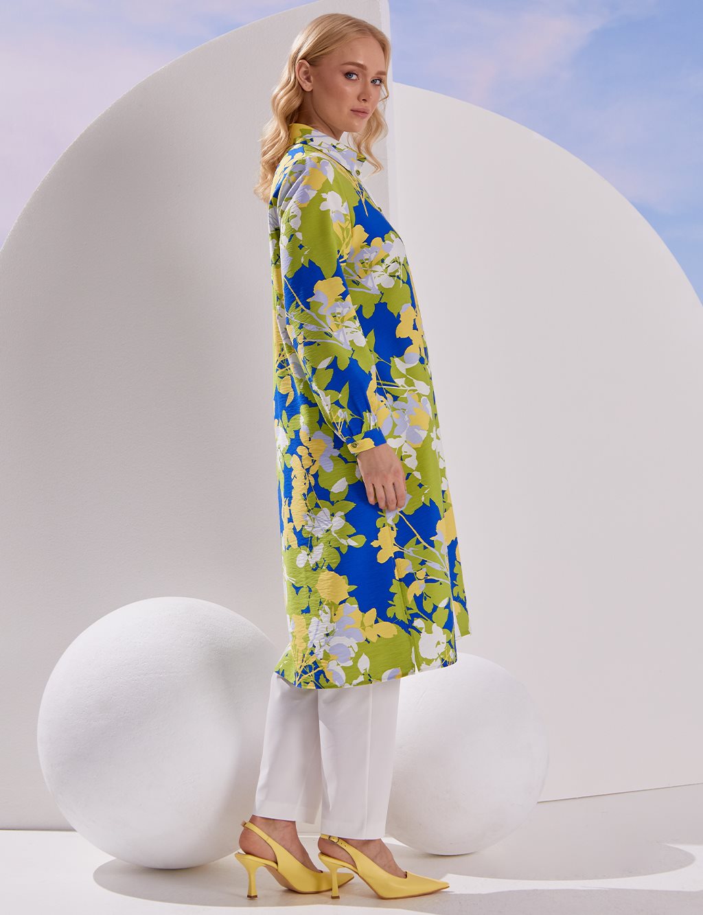 Floral Patterned Long Tunic Cobalt Blue