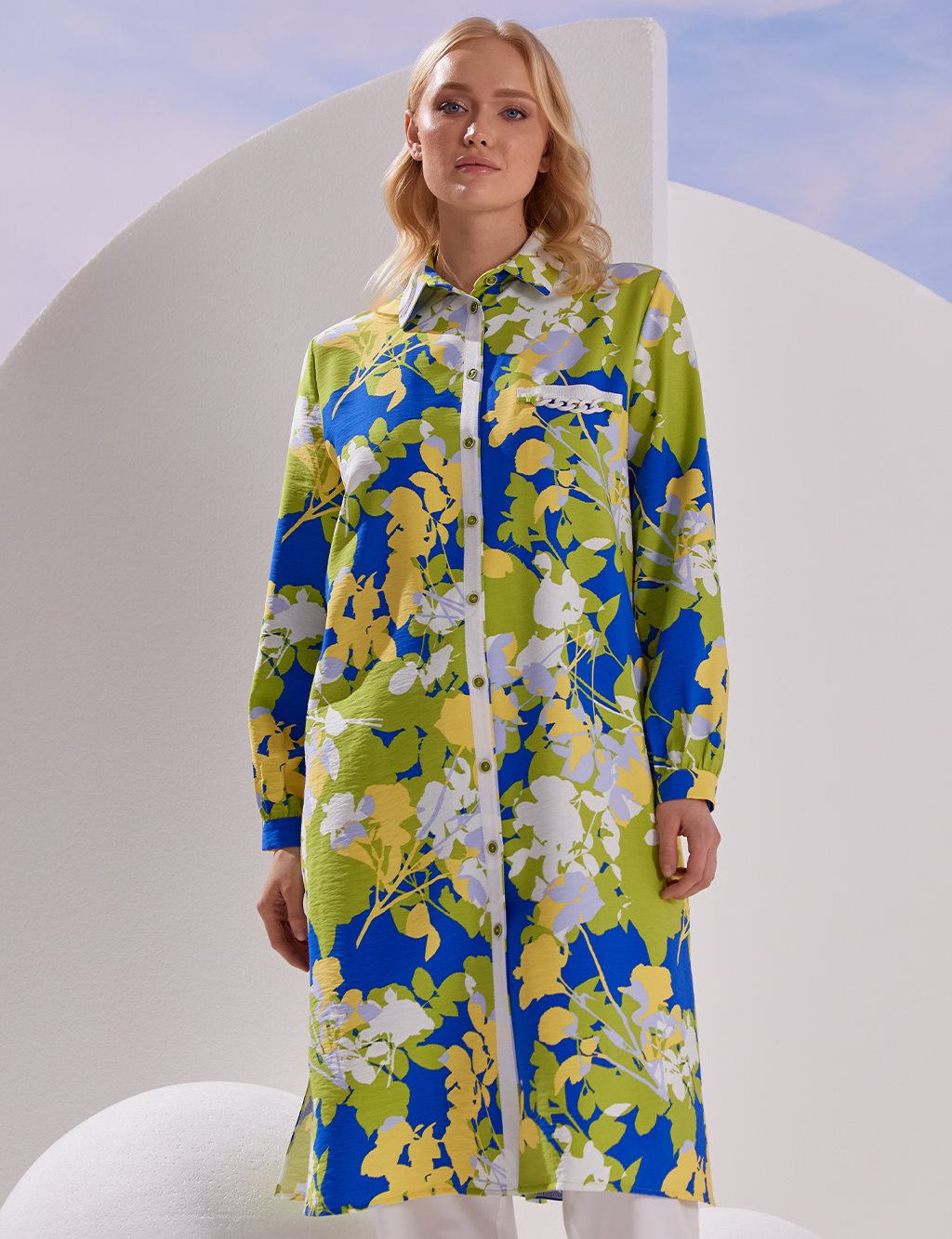 Floral Patterned Long Tunic Cobalt Blue