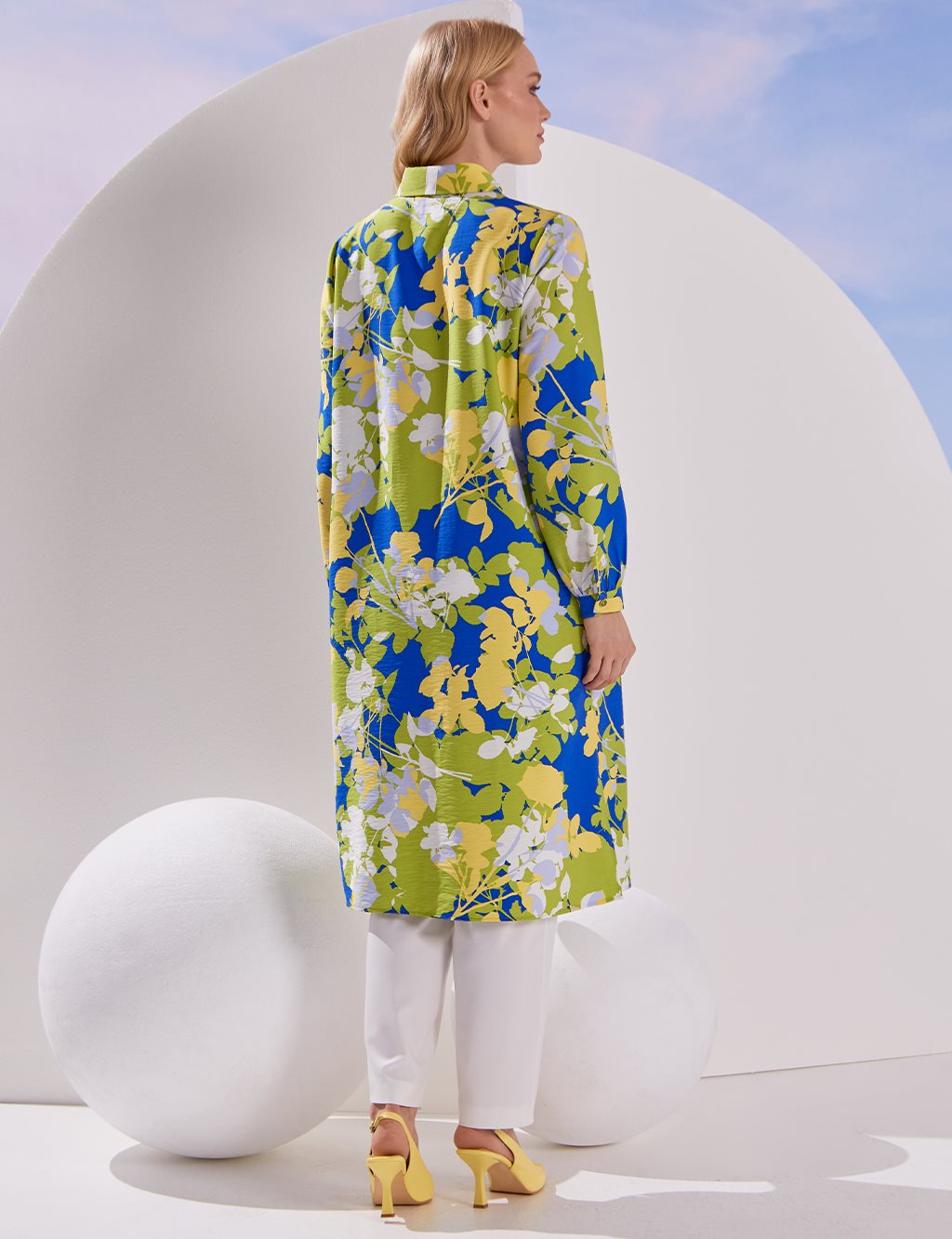 Floral Patterned Long Tunic Cobalt Blue