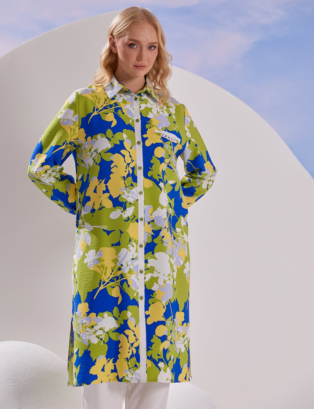 Floral Patterned Long Tunic Cobalt Blue
