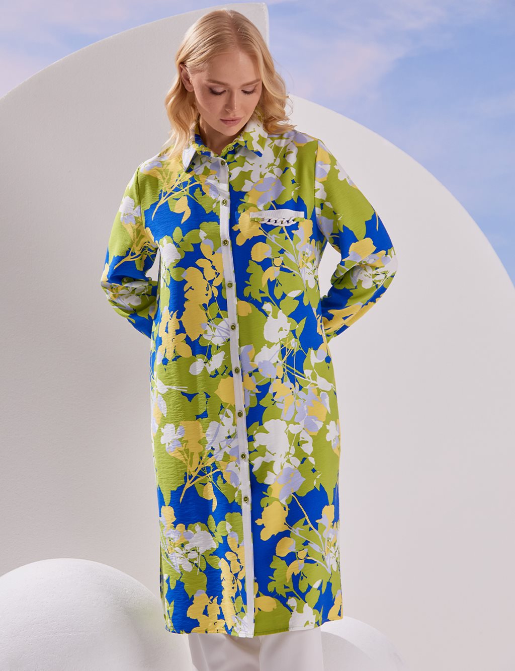 Floral Patterned Long Tunic Cobalt Blue