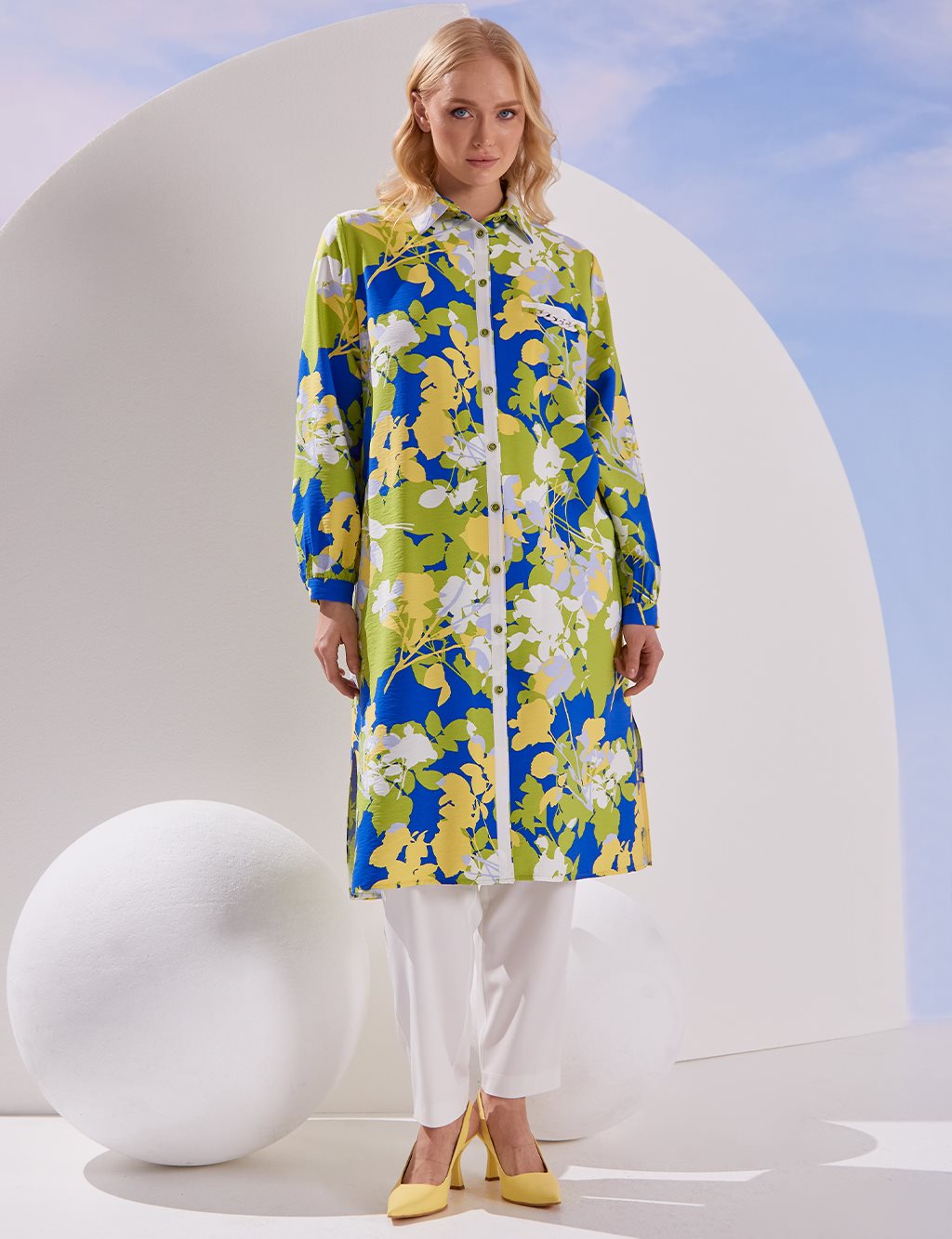 Floral Patterned Long Tunic Cobalt Blue