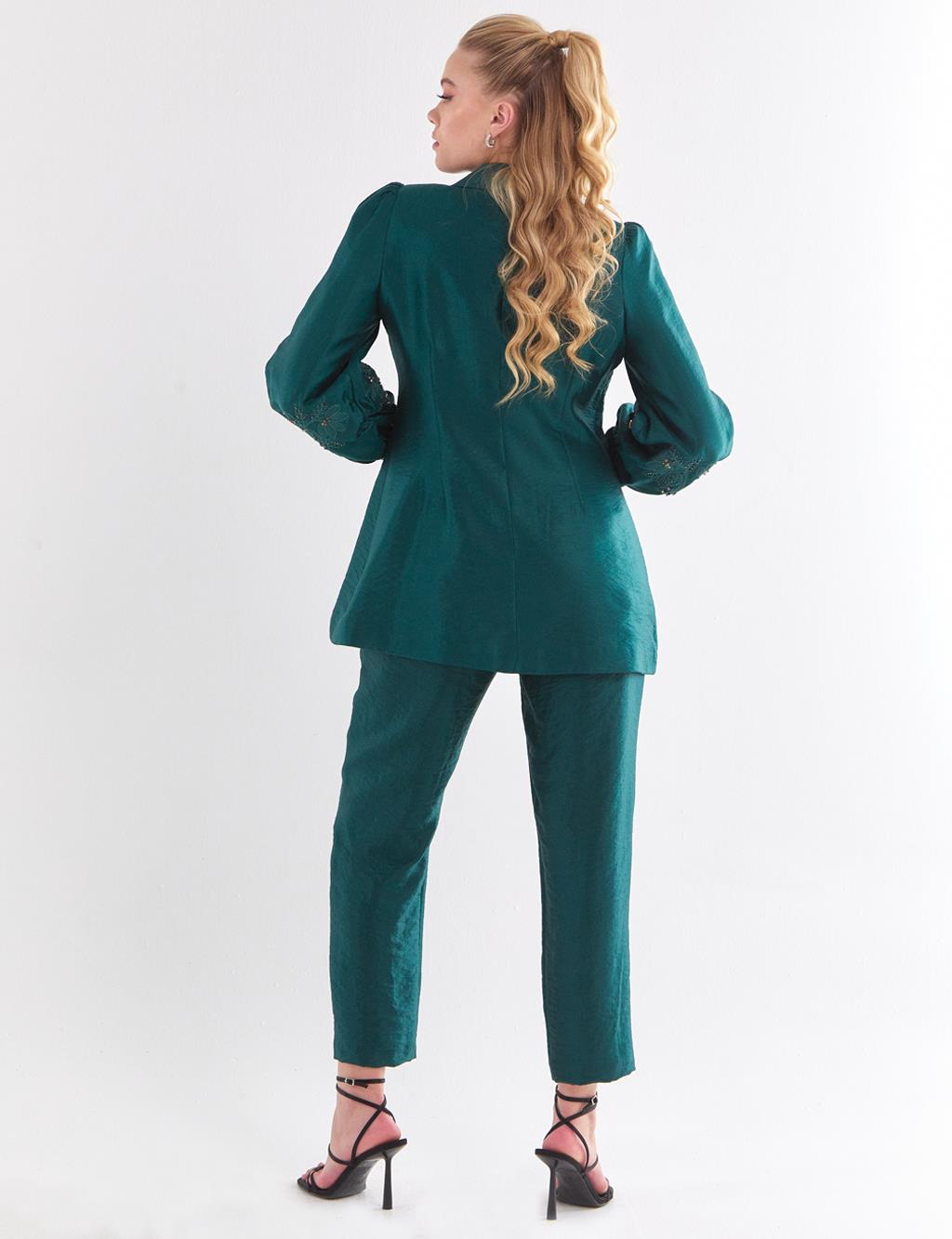 Embroidered Balloon Sleeve Jacket Pants Suit Emerald