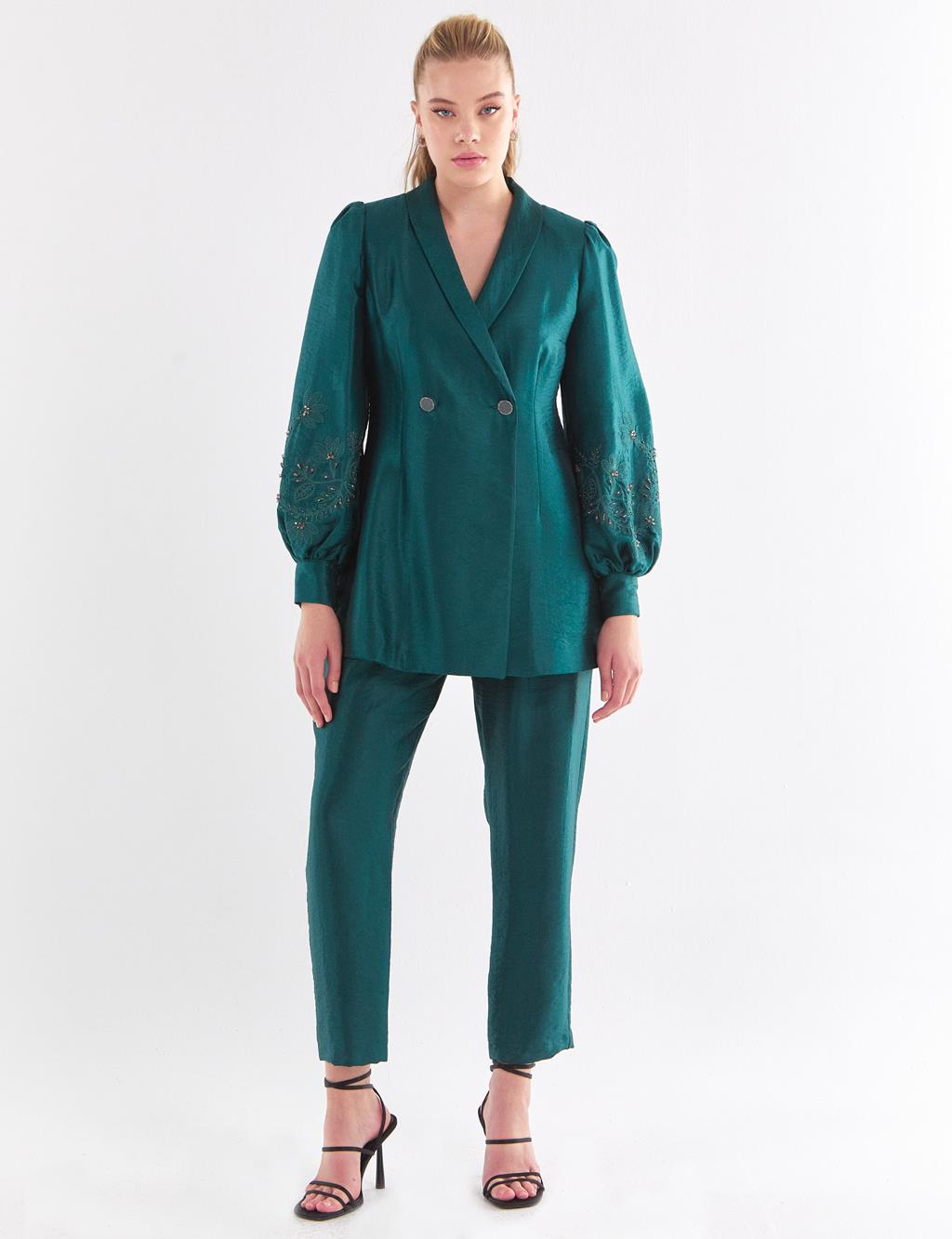 Embroidered Balloon Sleeve Jacket Pants Suit Emerald