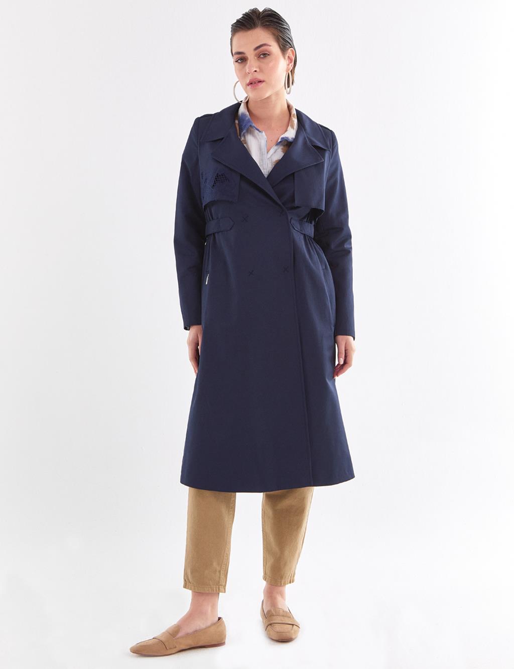 Embroidered Trench Coat Navy