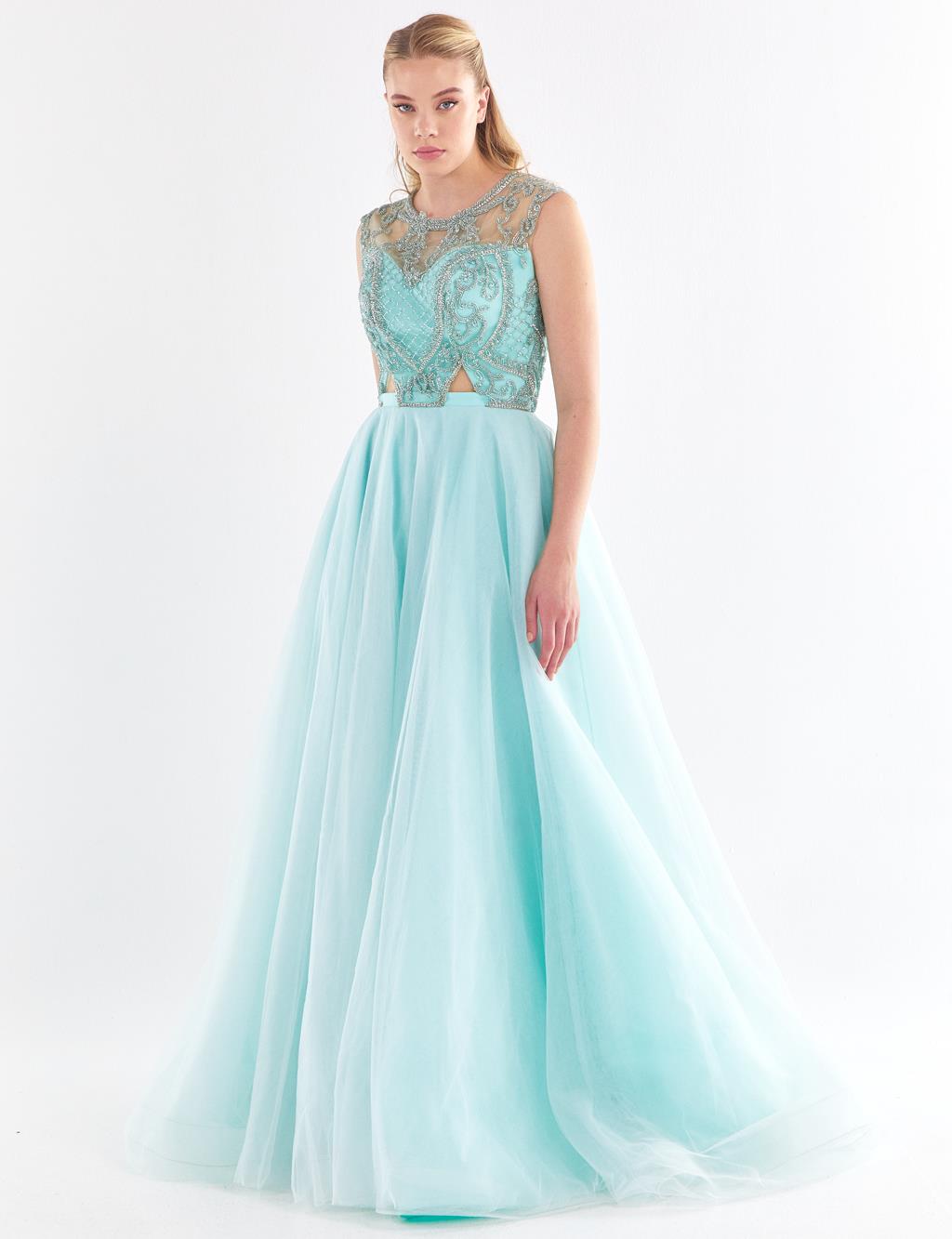 Illusion Collar Evening Dress With Tulle Skirt Mint