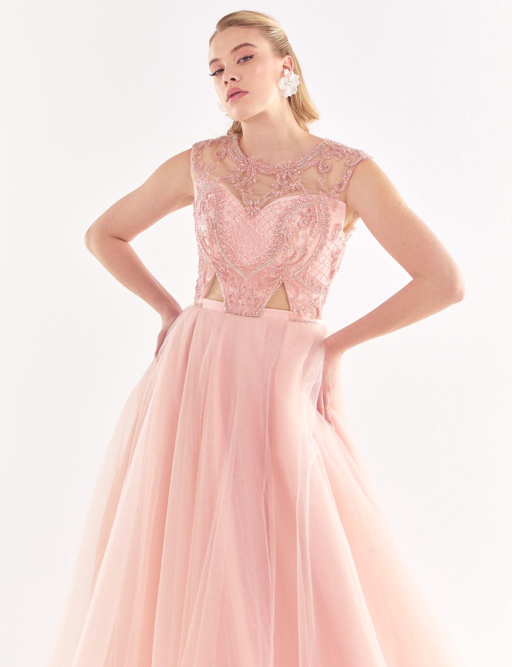 Illusion Collar Evening Dress With Tulle Skirt Powder