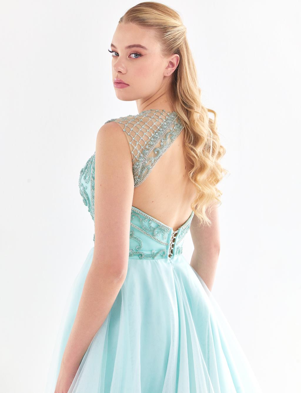 Illusion Collar Evening Dress With Tulle Skirt Mint