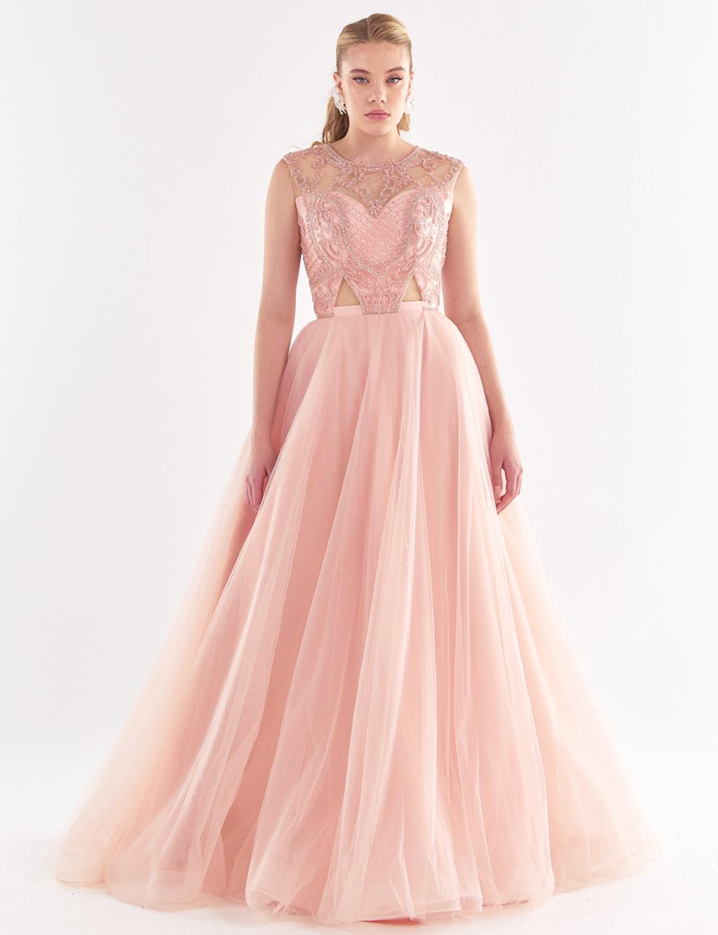 Illusion Collar Evening Dress With Tulle Skirt Powder