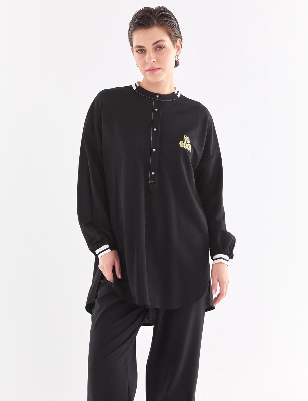Slogan Nakışlı Gabardin Tunik Siyah