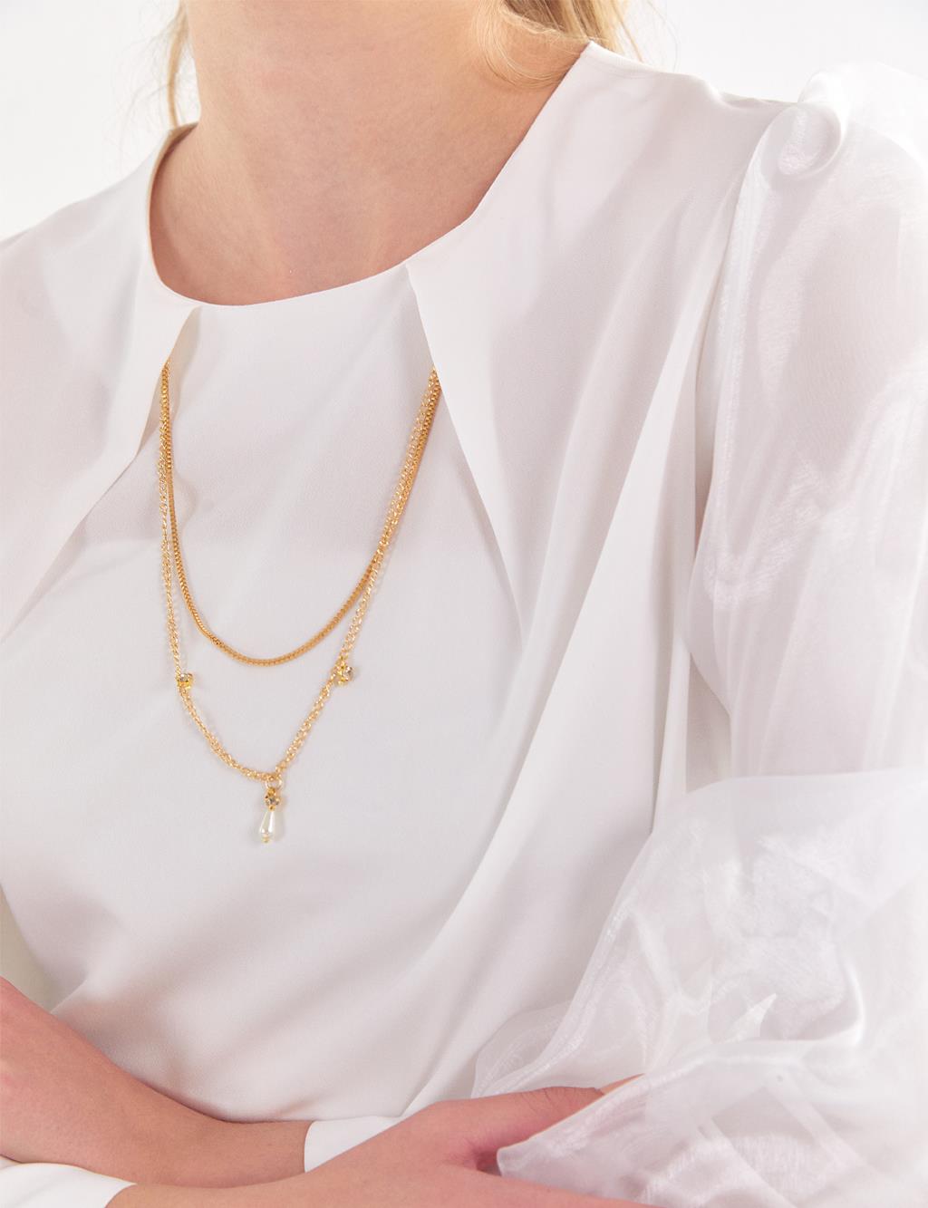 KYR Sleeves Chiffon Lined Necklace Tunic Ecru