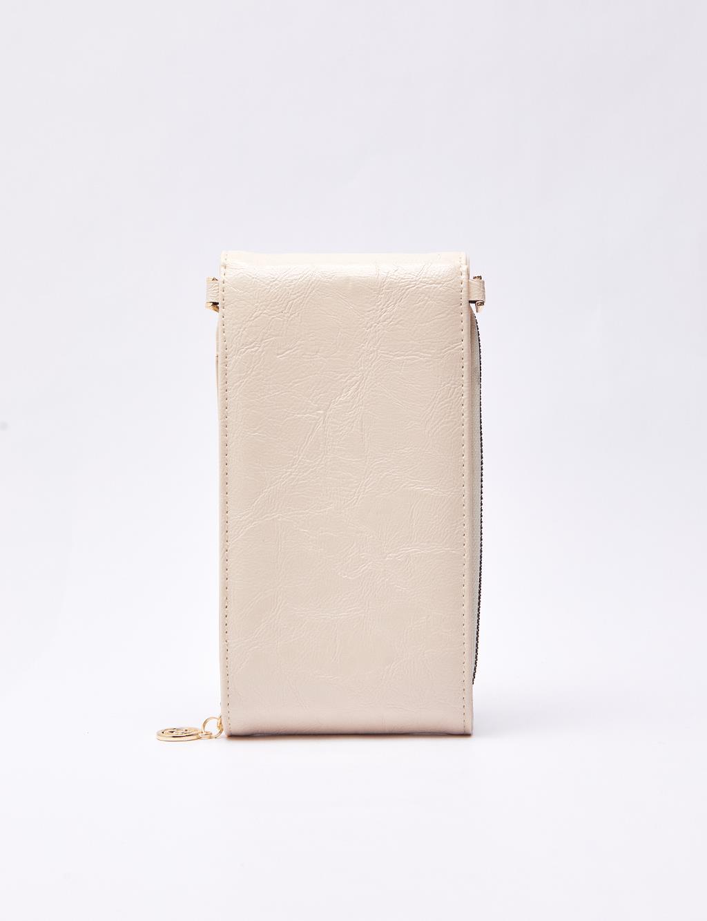Clamshell Wrinkled Patent Leather Wallet Bag Stone