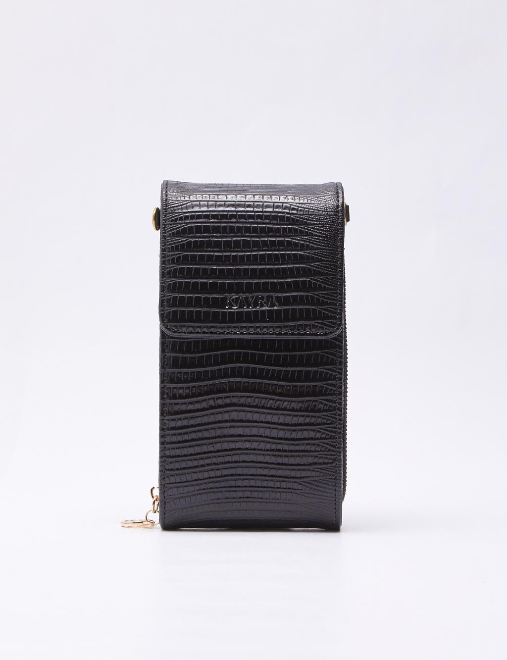 Iguana Patterned Flip Wallet Bag Black