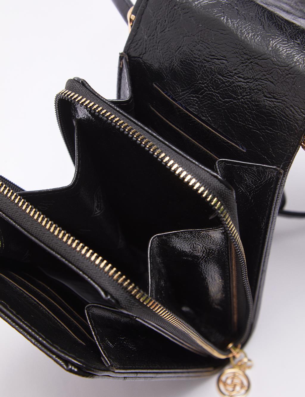 Clamshell Wrinkled Patent Leather Wallet Bag Black