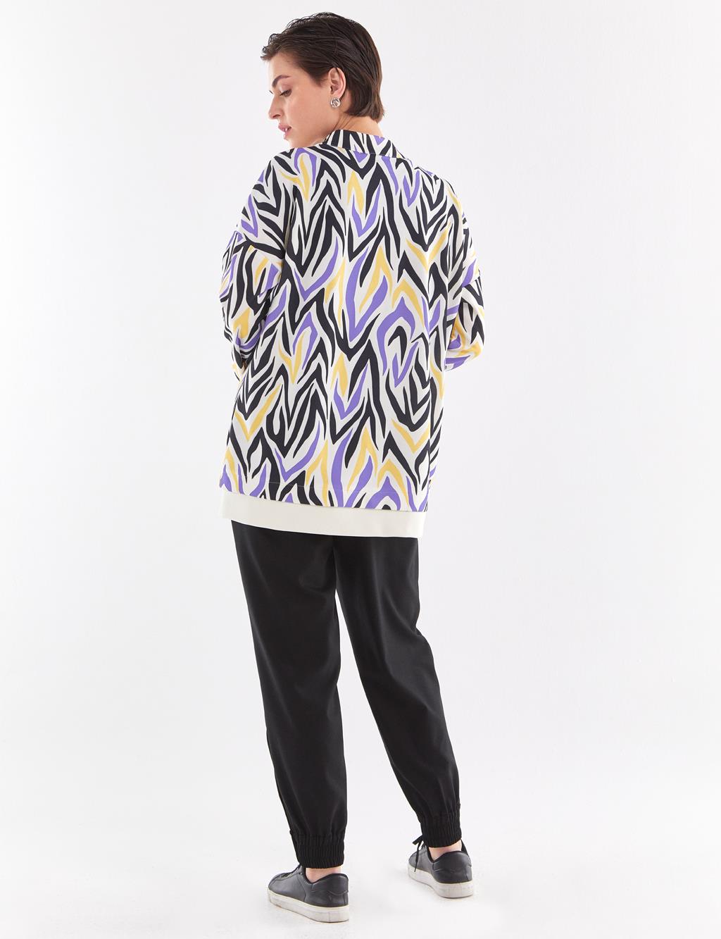 Abstract Patterned Half Placket Blouse Black