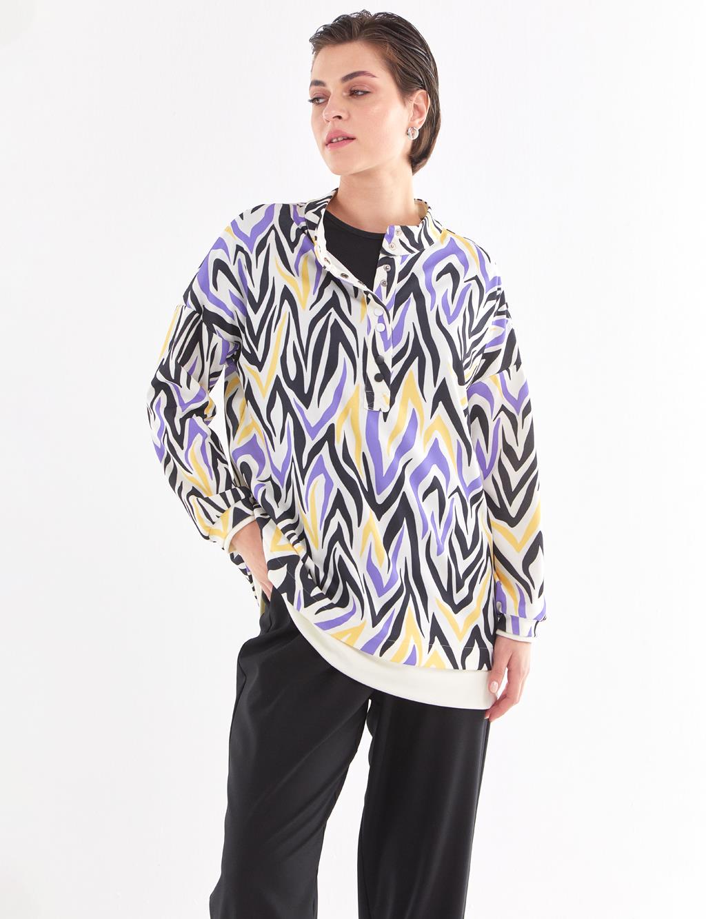Abstract Patterned Half Placket Blouse Black