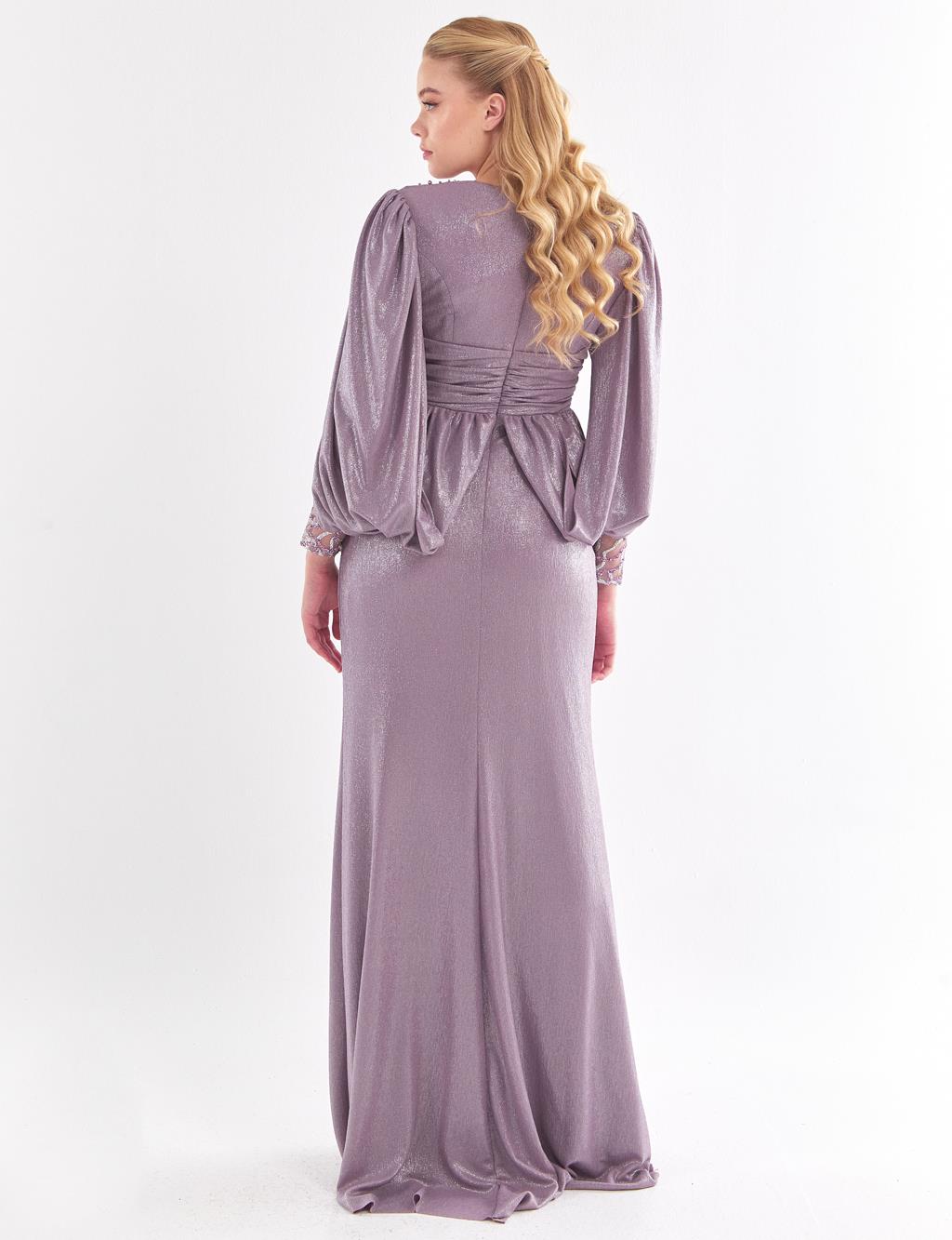 Stone Embroidered Draped Evening Dress Lilac